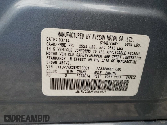 2014 Infiniti Q50 Premium with VIN JN1BV7AR2EM703991, listed as a Copart auction lot 85710924 with 193,804 mi miles and Salvage Title. Bid and sale history available at carsss.com. Image 14.