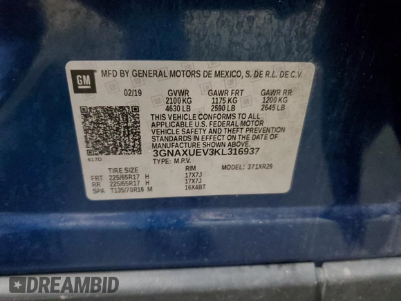 2019 Chevrolet Equinox LT z VIN 3GNAXUEV3KL316937, wystawiony jako Copart lot #54559015 z przebiegiem 35 391 mil mil oraz Szkoda całkowita • Salvage title. Historia ofert i sprzedaży dostępna na DreamBid. Obrazek 13.