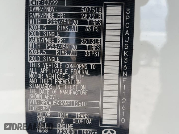 2022 Infiniti QX55 Essential with VIN 3PCAJ5K36NF112610, listed as a Copart auction lot 54300355 with 44,406 mi miles and Clean Title. Bid and sale history available at DreamBid. Image 13.
