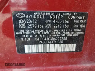 2013 Hyundai Azera with VIN KMHFG4JGXDA227359, listed as a Copart auction lot 52868574 with 129,811 mi miles and Salvage Title. Bid and sale history available at DreamBid. Image 13.