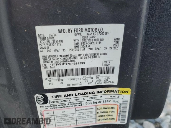 2014 Ford F-150 XL with VIN 1FTFW1ET7EFB81393, listed as a Copart auction lot 57052264 with 100,586 mi miles and Salvage title. Bid and sale history available at DreamBid. Image 12.