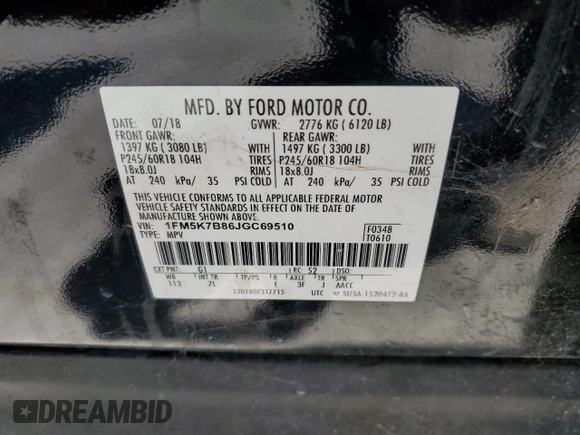 2018 Ford Explorer with VIN 1FM5K7B86JGC69510, listed as a Copart auction lot 56648915 with Not provided miles and Clean title. Bid and sale history available at DreamBid. Image 12.