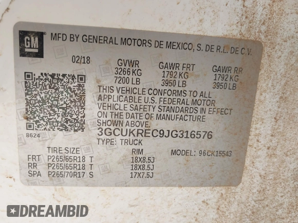 2018 Chevrolet Silverado 1500 LT with VIN 3GCUKREC9JG316576, listed as a IAAI auction lot 41830992 with 153,467 mi miles. Bid and sale history available at carsss.com. Image 9.