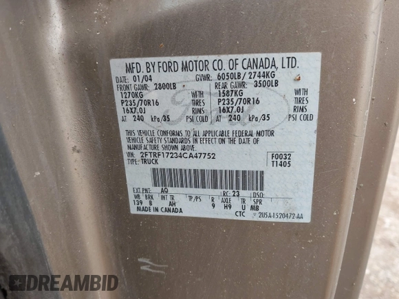 2004 Ford F-150 XL с VIN 2FTRF17234CA47752, выставлен на аукционе IAAI как лот 42628859 с пробегом 255 867 миль миль и . История ставок и продаж доступна на DreamBid. Изображение 9.