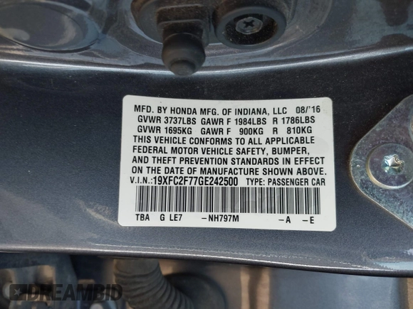 2016 Honda Civic Sedan EX with VIN 19XFC2F77GE242500, listed as a IAAI auction lot 41296714 with 143,051 mi miles. Bid and sale history available at carsss.com. Image 9.