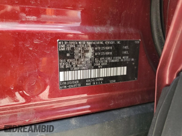 2021 Toyota RAV4 Hybrid LE with VIN 4T3B6RFVXMU021230, listed as a Copart auction lot 61208665 with 46,482 mi miles and Salvage title. Bid and sale history available at DreamBid. Image 13.