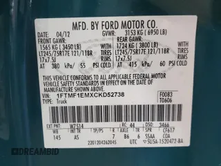 2012 Ford F-150 XL с VIN 1FTMF1EMXCKD52738, выставлен на аукционе Copart как лот 61497595 с пробегом 158 162 миль миль и Чистый • Clean title. История ставок и продаж доступна на DreamBid. Изображение 12.