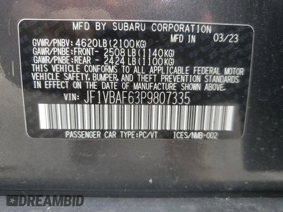 2023 Subaru WRX Premium z VIN JF1VBAF63P9807335, wystawiony jako Copart lot #64719245 z przebiegiem 8 663 mil mil oraz Szkoda całkowita • Salvage title. Historia ofert i sprzedaży dostępna na DreamBid. Obrazek 12.