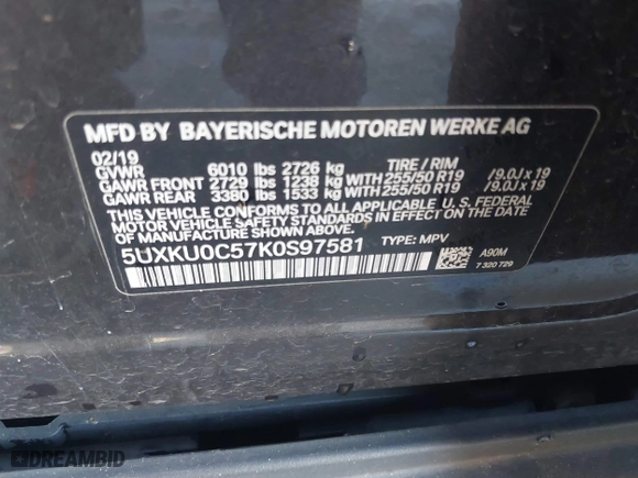 2019 BMW X6 sDrive35i with VIN 5UXKU0C57K0S97581, listed as a IAAI auction lot 41322568 with 76,635 mi miles. Bid and sale history available at carsss.com. Image 9.