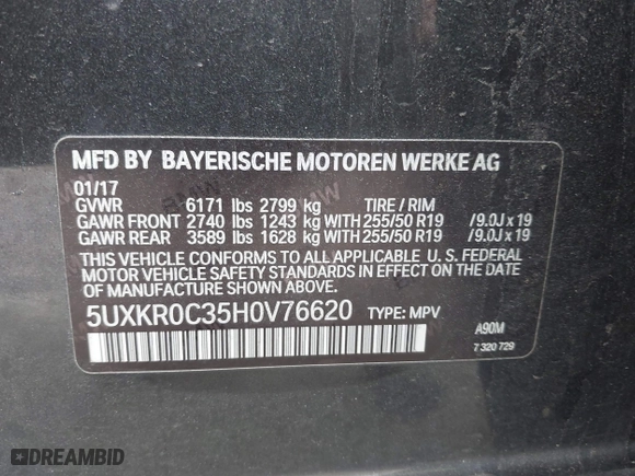 2017 BMW X5 xDrive35i with VIN 5UXKR0C35H0V76620, listed as a IAAI auction lot 41944975 with 147,667 mi miles. Bid and sale history available at carsss.com. Image 9.