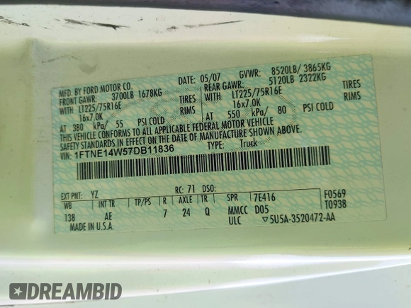 2007 Ford Econoline Cargo Commercial with VIN 1FTNE14W57DB11836, listed as a IAAI auction lot 41579750 with Not Provided miles and . Bid and sale history available at DreamBid. Image 9.