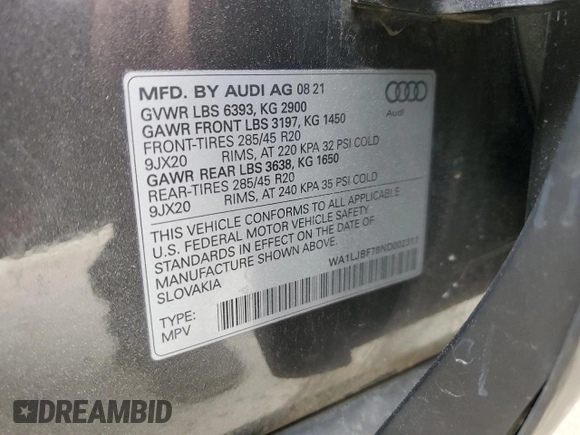 2022 Audi Q7 Premium Plus with VIN WA1LJBF78ND002311, listed as a Copart auction lot 49668015 with 99,075 mi miles and Salvage title. Bid and sale history available at DreamBid. Image 12.