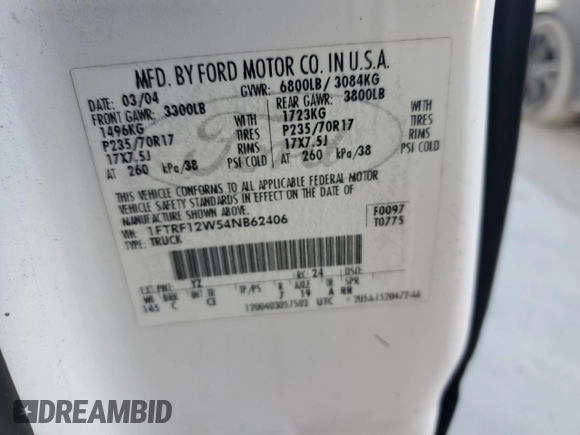 2004 Ford F-150 XL with VIN 1FTRF12W54NB62406, listed as a Copart auction lot 51927575 with 255,216 mi miles and Salvage Title. Bid and sale history available at carsss.com. Image 12.