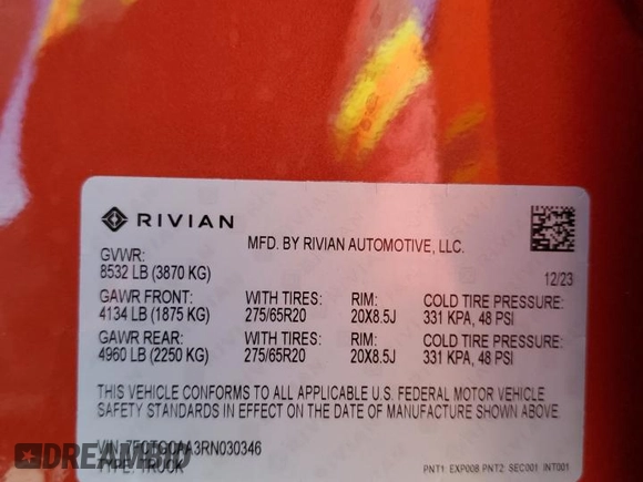 2024 Rivian R1T Adventure z VIN 7FCTGCAA3RN030346, wystawiony jako Copart lot #49440515 z przebiegiem 12 772 mil mil oraz Szkoda całkowita • Salvage title. Historia ofert i sprzedaży dostępna na DreamBid. Obrazek 13.