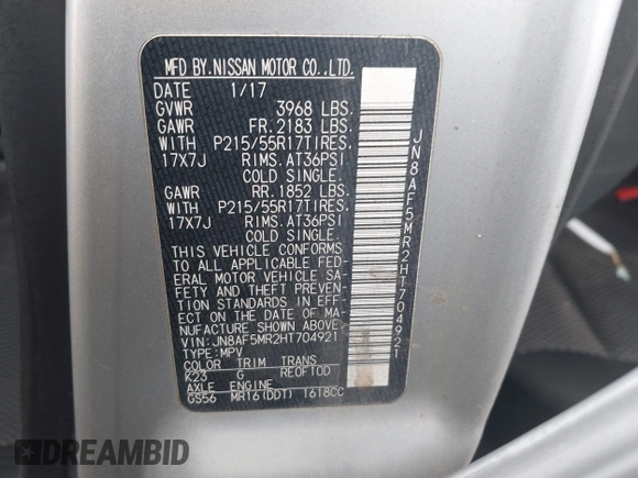 2017 Nissan Juke S with VIN JN8AF5MR2HT704921, listed as a IAAI auction lot 41757753 with 174,208 mi miles and . Bid and sale history available at DreamBid. Image 9.