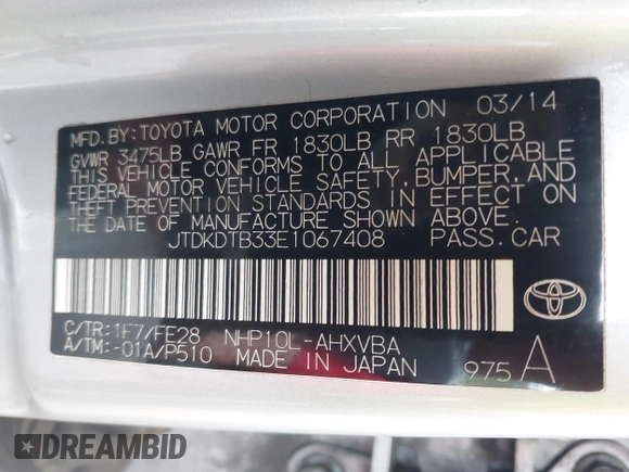 2014 Toyota Prius One with VIN JTDKDTB33E1067408, listed as a IAAI auction lot 41573895 with 245,383 mi miles and . Bid and sale history available at DreamBid. Image 9.