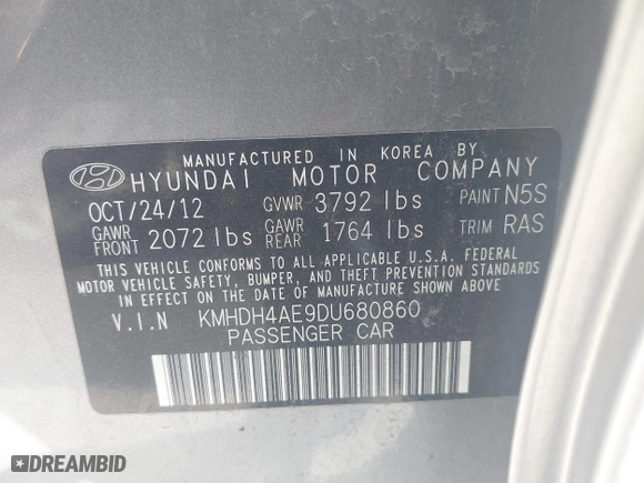2013 Hyundai Elantra GLS PZEV with VIN KMHDH4AE9DU680860, listed as a IAAI auction lot 41068349 with 74,687 mi miles. Bid and sale history available at carsss.com. Image 9.