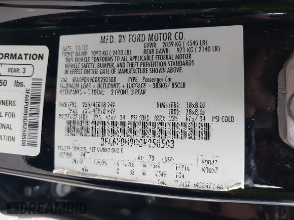 2016 Ford Fusion SE with VIN 3FA6P0H90GR250508, listed as a IAAI auction lot 42163610 with 210,560 mi miles and . Bid and sale history available at carsss.com. Image 9.