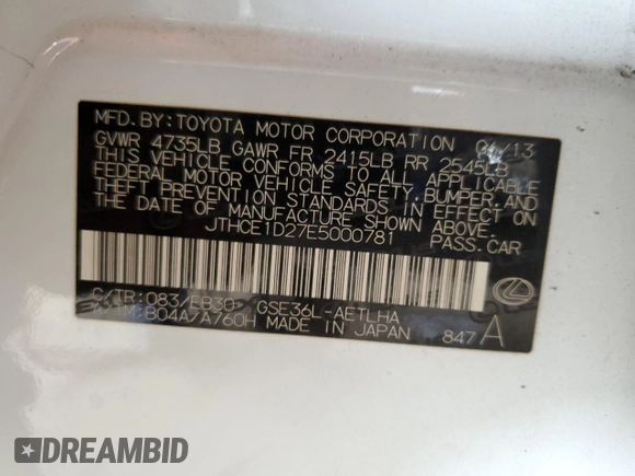 2014 Lexus IS 350 with VIN JTHCE1D27E5000781, listed as a Copart auction lot 58749235 with 133,621 mi miles and Salvage title. Bid and sale history available at DreamBid. Image 12.