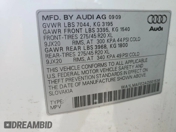 2010 Audi Q7 Premium Plus with VIN WA1LMAFE2AD001536, listed as a Copart auction lot 55660415 with Not provided miles and Clean title. Bid and sale history available at DreamBid. Image 13.