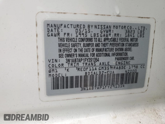 2015 Nissan Sentra SL with VIN 3N1AB7AP1FY291354, listed as a Copart auction lot 50562245 with 129,098 mi miles and Clean Title. Bid and sale history available at DreamBid. Image 12.
