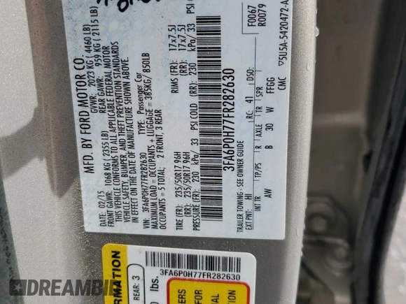 2015 Ford Fusion SE with VIN 3FA6P0H77FR282630, listed as a Copart auction lot 61806075 with 109,267 mi miles and Salvage title. Bid and sale history available at DreamBid. Image 12.