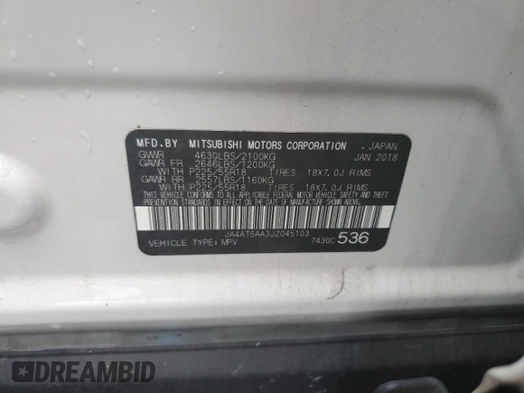 2018 Mitsubishi Eclipse Cross SE with VIN JA4AT5AA3JZ045103, listed as a Copart auction lot 61538335 with 154,469 mi miles and Salvage title. Bid and sale history available at DreamBid. Image 14.