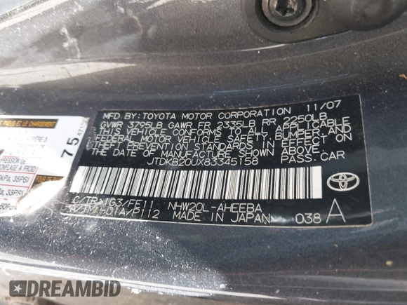 2008 Toyota Prius with VIN JTDKB20UX83345158, listed as a IAAI auction lot 42533843 with Not provided miles and . Bid and sale history available at DreamBid. Image 9.