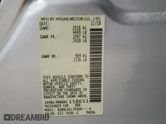 2019 Nissan Altima 2.5 S with VIN 1N4BL4BW6KC158651, listed as a Copart auction lot 48905045 with 49,231 mi miles and Salvage Title. Bid and sale history available at carsss.com. Image 12.