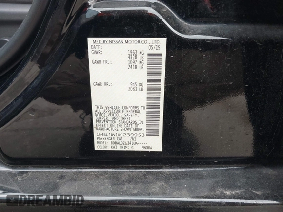 2019 Nissan Altima S with VIN 1N4BL4BV1KC239953, listed as a IAAI auction lot 42006788 with 172,042 mi miles and . Bid and sale history available at DreamBid. Image 9.