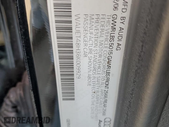 2006 Audi A4 3.0L with VIN WAUET48H36K009929, listed as a Copart auction lot 61720774 with 0 mi miles and Salvage Title. Bid and sale history available at carsss.com. Image 13.