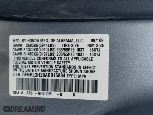 2010 Honda Odyssey LX z VIN 5FNRL3H29AB016884, wystawiony jako IAAI lot #41652673 z przebiegiem 162 068 mil mil oraz . Historia ofert i sprzedaży dostępna na DreamBid. Obrazek 9.