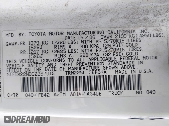 2006 Toyota Tacoma with VIN 5TETX22N06Z267015, listed as a IAAI auction lot 42507011 with 415,670 mi miles and . Bid and sale history available at DreamBid. Image 9.