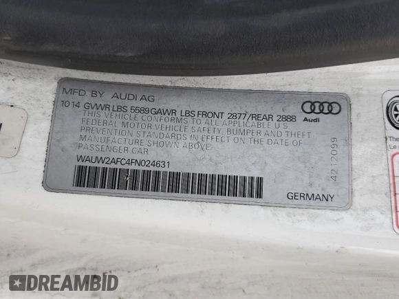 2015 Audi S7 z VIN WAUW2AFC4FN024631, wystawiony jako Copart lot #47148125 z przebiegiem 56 516 mil mil oraz Szkoda całkowita • Salvage title. Historia ofert i sprzedaży dostępna na DreamBid. Obrazek 14.