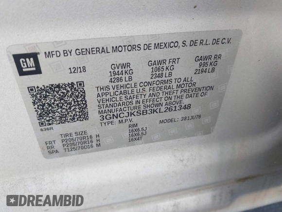 2019 Chevrolet Trax LS with VIN 3GNCJKSB3KL261348, listed as a IAAI auction lot 41933143 with 58,202 mi miles. Bid and sale history available at carsss.com. Image 9.