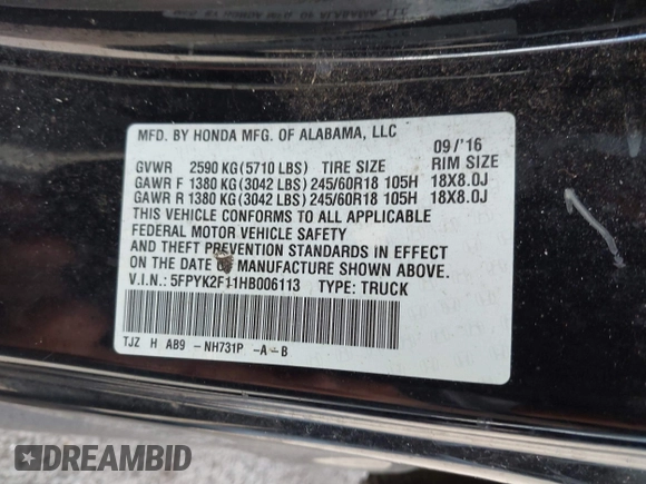 2017 Honda Ridgeline Sport with VIN 5FPYK2F11HB006113, listed as a IAAI auction lot 42419631 with 101,562 mi miles and . Bid and sale history available at DreamBid. Image 9.