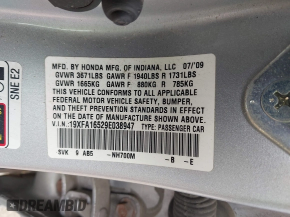 2009 Honda Civic LX z VIN 19XFA16529E038947, wystawiony jako IAAI lot #42412486 z przebiegiem 161 409 mil mil oraz . Historia ofert i sprzedaży dostępna na DreamBid. Obrazek 9.