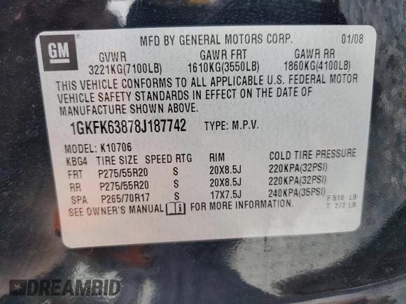 2008 GMC Yukon Denali with VIN 1GKFK63878J187742, listed as a Copart auction lot 42462895 with 133,468 mi miles and Clean title. Bid and sale history available at DreamBid. Image 13.