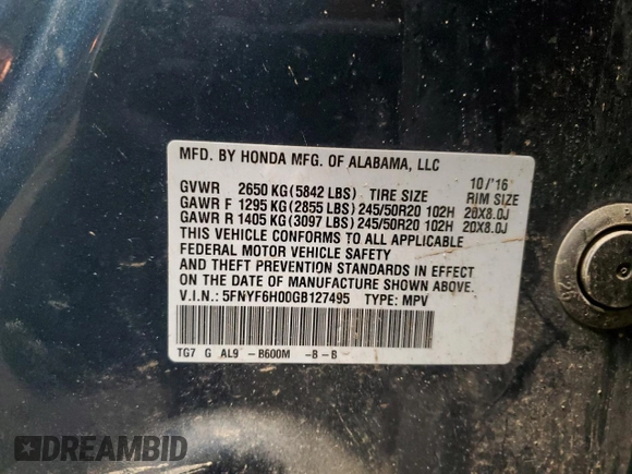 2016 Honda Pilot Elite with VIN 5FNYF6H00GB127495, listed as a Copart auction lot 49989585 with 115,037 mi miles and Salvage Title. Bid and sale history available at carsss.com. Image 13.