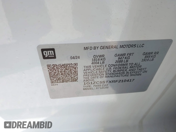 2024 Chevrolet Malibu LS with VIN 1G1ZC5STXRF210417, listed as a IAAI auction lot 41964322 with 7,743 mi miles and . Bid and sale history available at DreamBid. Image 9.