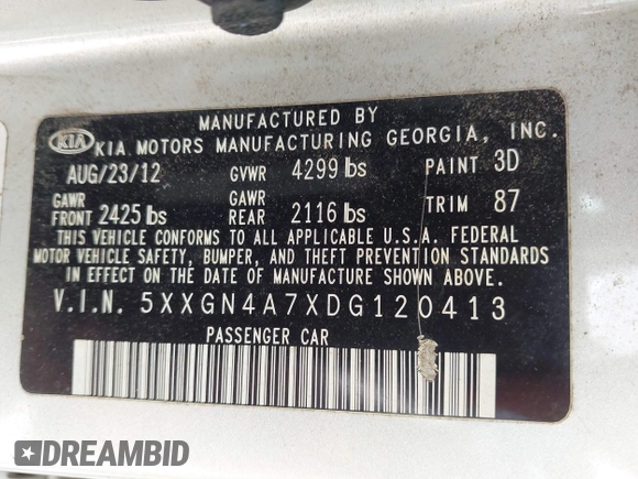 2013 Kia Optima EX with VIN 5XXGN4A7XDG120413, listed as a IAAI auction lot 42756581 with 174,242 mi miles and . Bid and sale history available at DreamBid. Image 9.