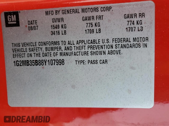 2008 Pontiac Solstice z VIN 1G2MB35B88Y107998, wystawiony jako Copart lot #49872315 z przebiegiem 70 788 mil mil oraz Czysty tytuł • Clean title. Historia ofert i sprzedaży dostępna na DreamBid. Obrazek 12.