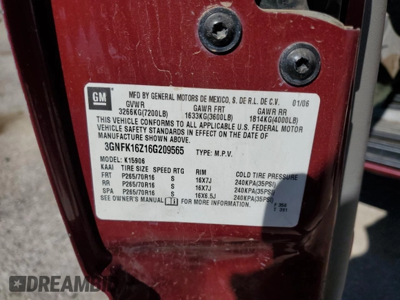 2006 Chevrolet Suburban LS with VIN 3GNFK16Z16G209565, listed as a Copart auction lot 62562075 with 193,249 mi miles and Salvage title. Bid and sale history available at DreamBid. Image 13.