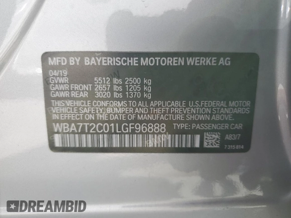 2020 BMW 7 Series 740i with VIN WBA7T2C01LGF96888, listed as a Copart auction lot 48492095 with 55,287 mi miles and Salvage Title. Bid and sale history available at carsss.com. Image 13.