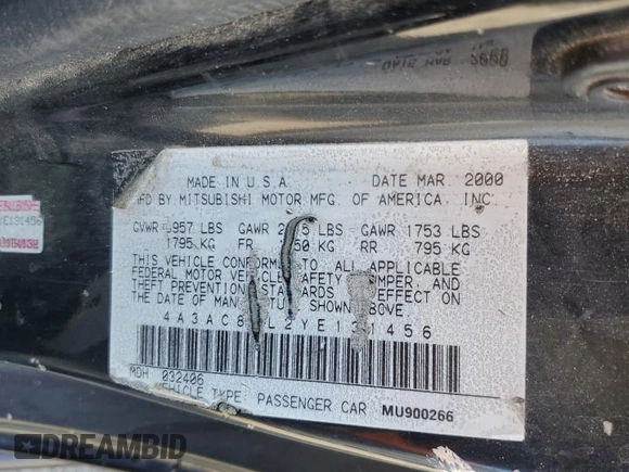 2000 Mitsubishi Eclipse with VIN 4A3AC84L2YE131456, listed as a Copart auction lot 78926004 with 274,658 mi miles and Salvage Title. Bid and sale history available at DreamBid. Image 12.