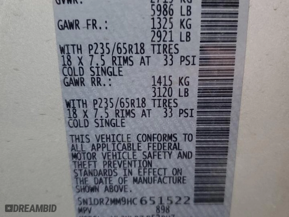 2017 Nissan Pathfinder S with VIN 5N1DR2MM9HC651522, listed as a Copart auction lot 43484845 with 139,020 mi miles and Salvage Title. Bid and sale history available at carsss.com. Image 13.