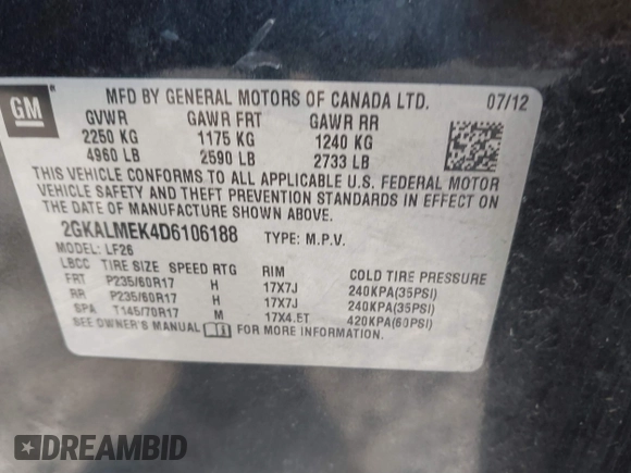 2013 GMC Terrain SLE with VIN 2GKALMEK4D6106188, listed as a IAAI auction lot 41692855 with 109,043 mi miles. Bid and sale history available at carsss.com. Image 9.