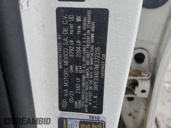 2021 Kia Forte LXS с VIN 3KPF24AD7ME372316, выставлен на аукционе Copart как лот 80781514 с пробегом Не указан миль и На запчасти • Non repairable. История ставок и продаж доступна на DreamBid. Изображение 13.