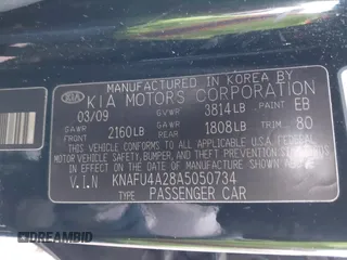 2010 Kia Forte EX with VIN KNAFU4A28A5050734, listed as a IAAI auction lot 42063165 with 179,284 mi miles. Bid and sale history available at carsss.com. Image 9.