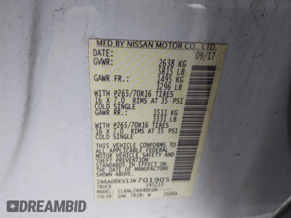 2018 Nissan Frontier Pro-4X with VIN 1N6AD0EV1JN701905, listed as a IAAI auction lot 41863044 with 50,180 mi miles and . Bid and sale history available at DreamBid. Image 9.